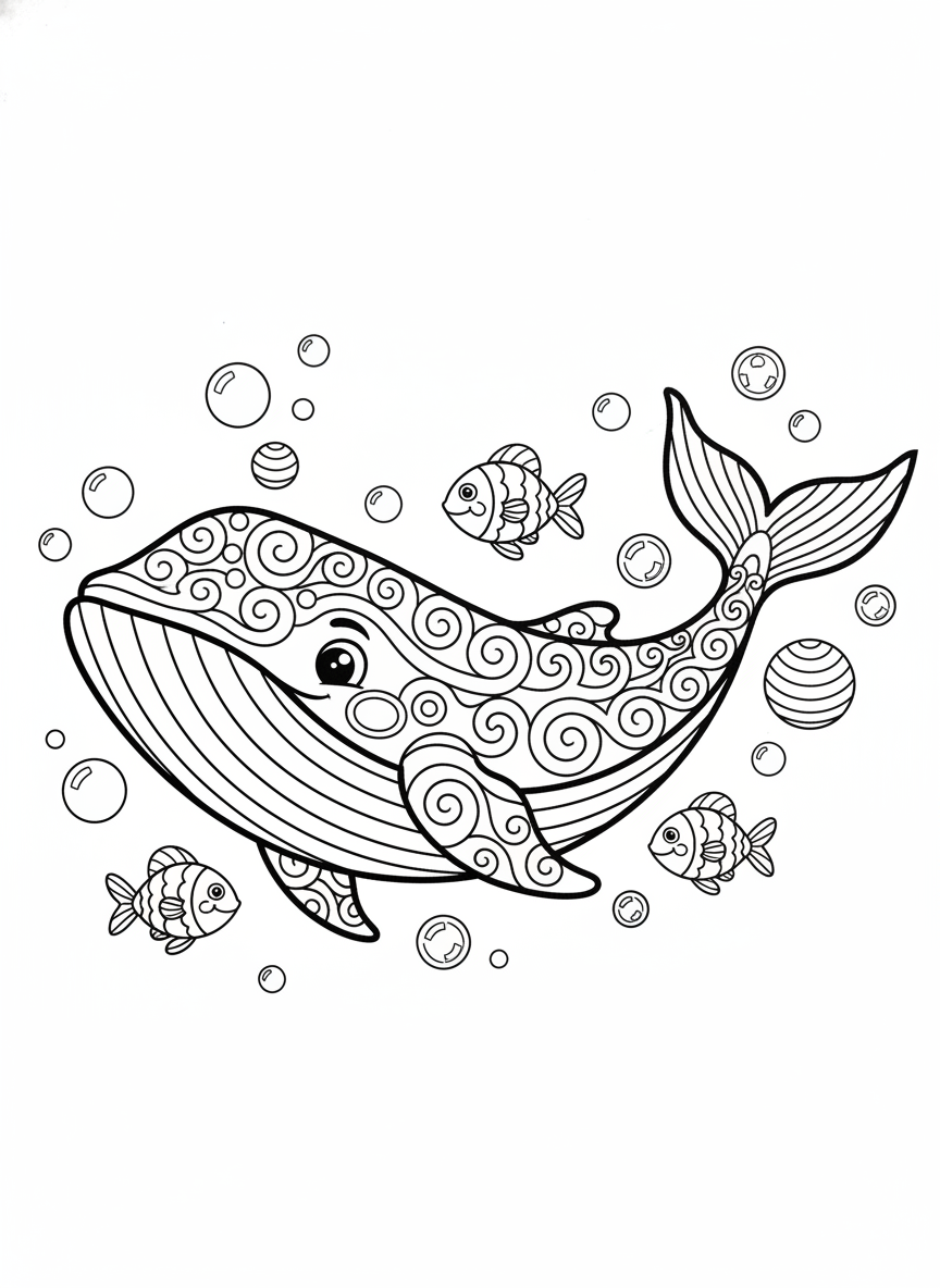 Friendly Cartoon Whale Coloring Page for Kids - Ocean Animal Coloring Page featuring Ocean and Children - Free Printable Outline Drawing for Kids