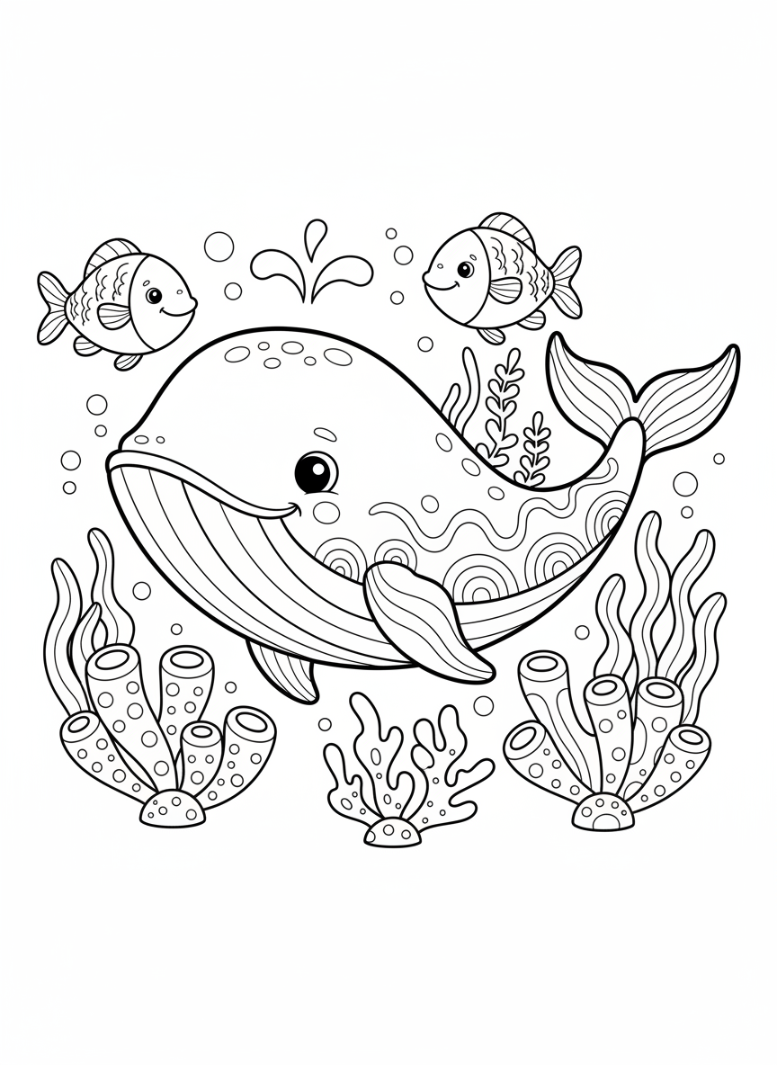 Page de Coloriage Baleine Amicale et Poissons Sous-marins - Animal Marin Coloriage avec Océan et Baleine - Dessin au Trait Gratuit Imprimable