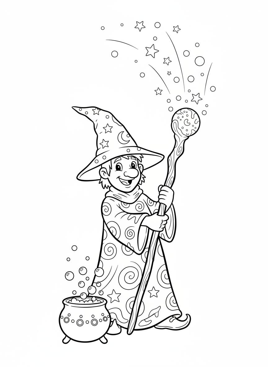 Friendly Cartoon Wizard Coloring Page for Kids - Wizard Coloring Page featuring Fantasy and Magic - Free Printable Outline Drawing for Kids