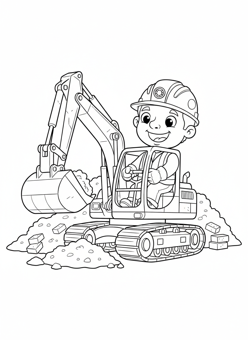 Friendly Construction Worker with Excavator Coloring Page - Construction Vehicle Coloring Page featuring Construction and Children - Free Printable Outline Drawing for Kids