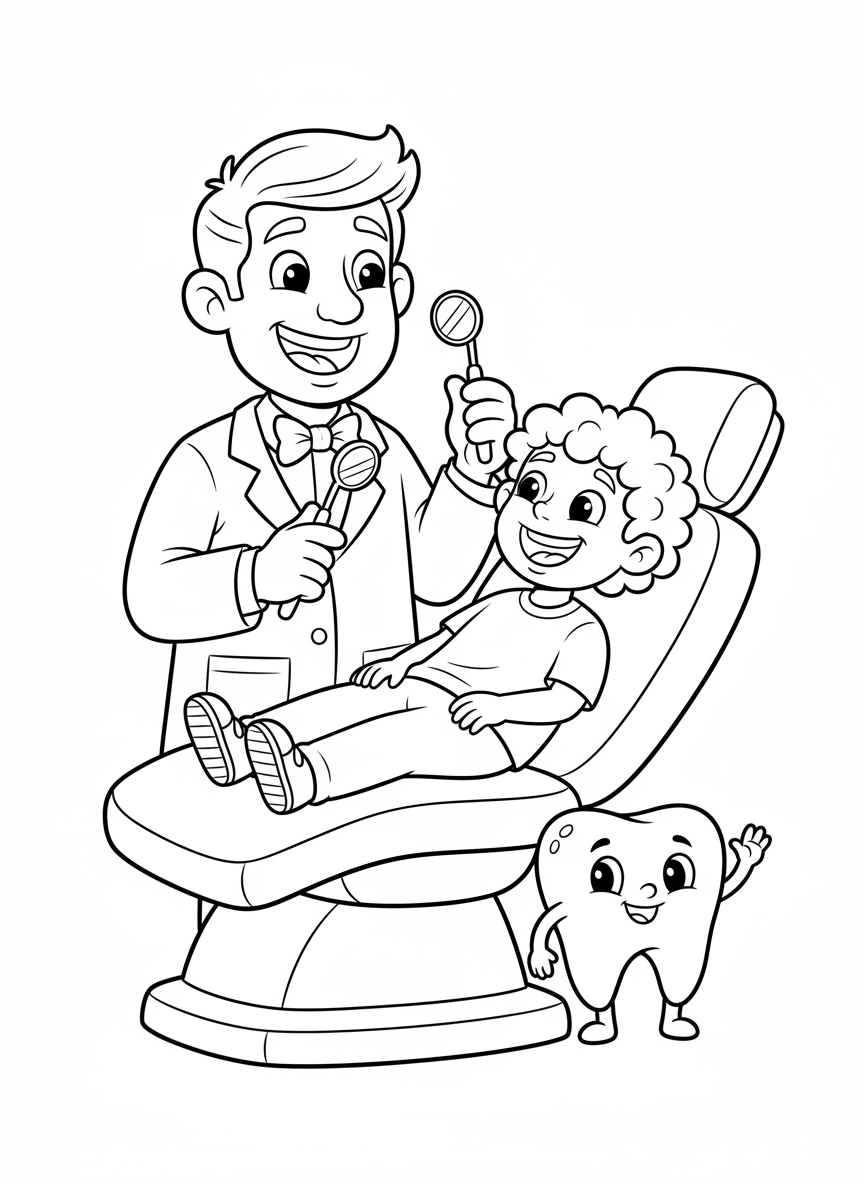 Friendly Dentist & Happy Child Coloring Page - Occupation Coloring Page featuring Children and Cute - Free Printable Outline Drawing for Kids
