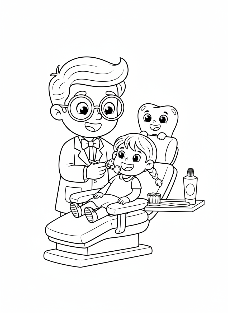 Visita Amigável ao Dentista: Uma Página para Colorir Divertida para Crianças - Ocupação Desenho para Colorir com Amigável e Crianças - Desenho de Contorno Grátis Imprimível