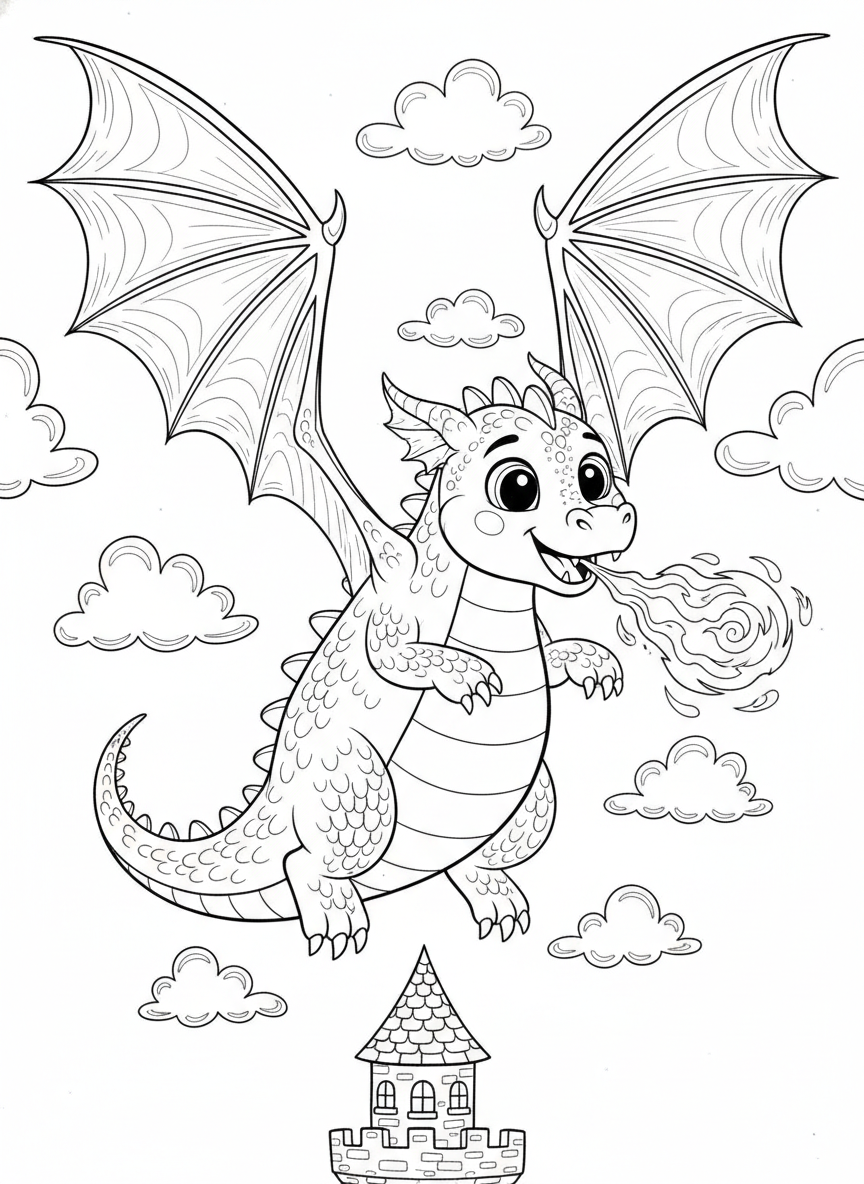 Dragão Amigável Voando sobre Castelo Página para Colorir - Dragão Desenho para Colorir com Crianças e Fofo - Desenho de Contorno Grátis Imprimível