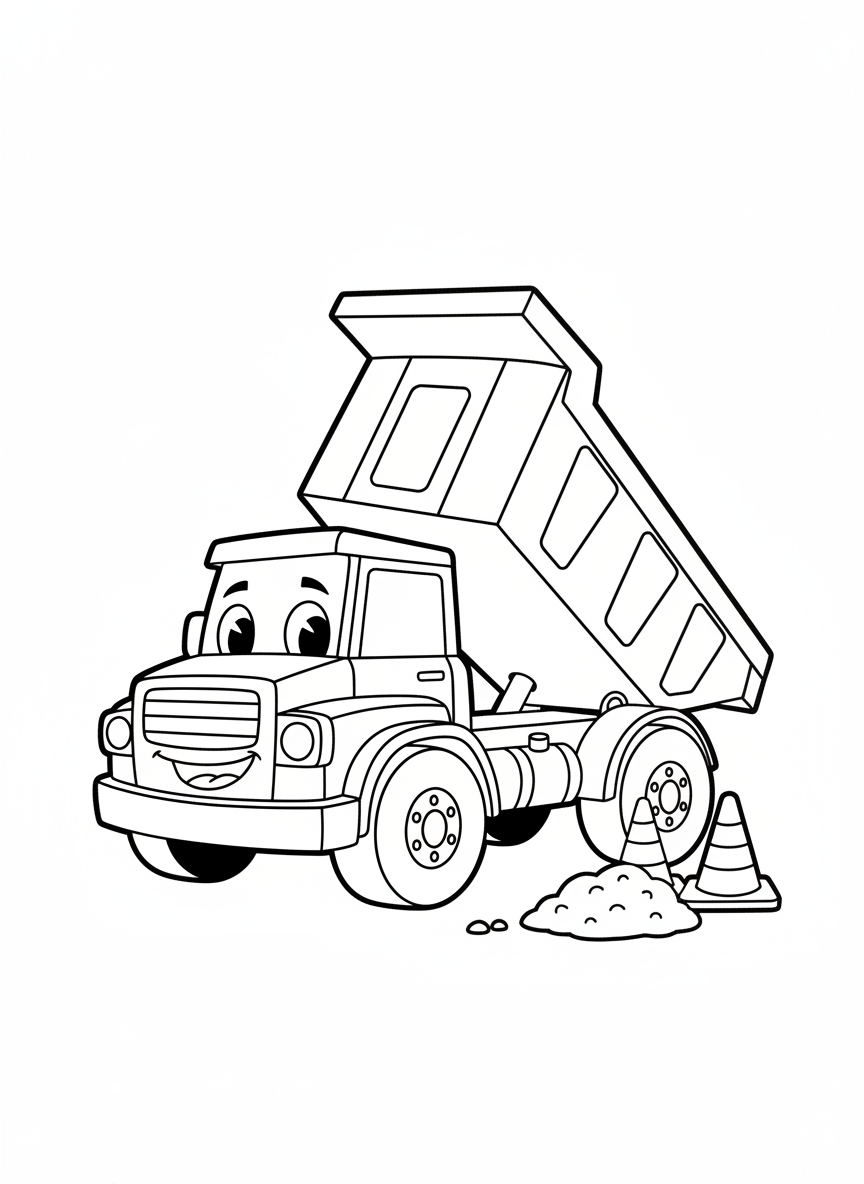 Friendly Dump Truck Fun: Easy Coloring Page for Kids - Construction Vehicle Coloring Page featuring Construction and Easy to Color - Free Printable Outline Drawing for Kids