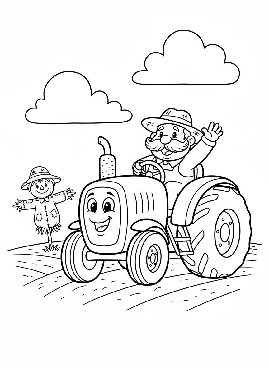 Friendly Farm Tractor & Farmer Kids' Coloring Page - Tractor Coloring Page featuring Children and Farm - Free Printable Outline Drawing for Kids
