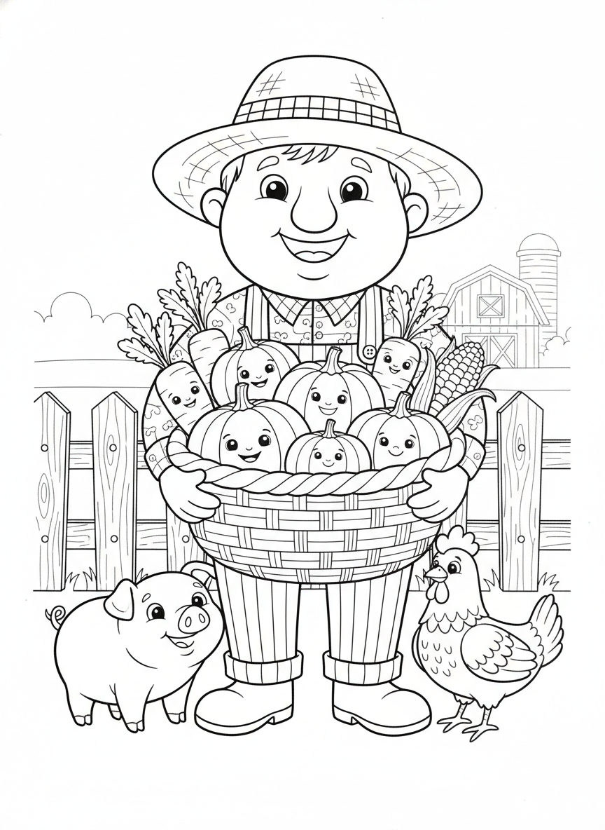 Friendly Farmer & Farm Animals Coloring Page for Kids - Farmer Coloring Page featuring Farm Animals and Children - Free Printable Outline Drawing for Kids