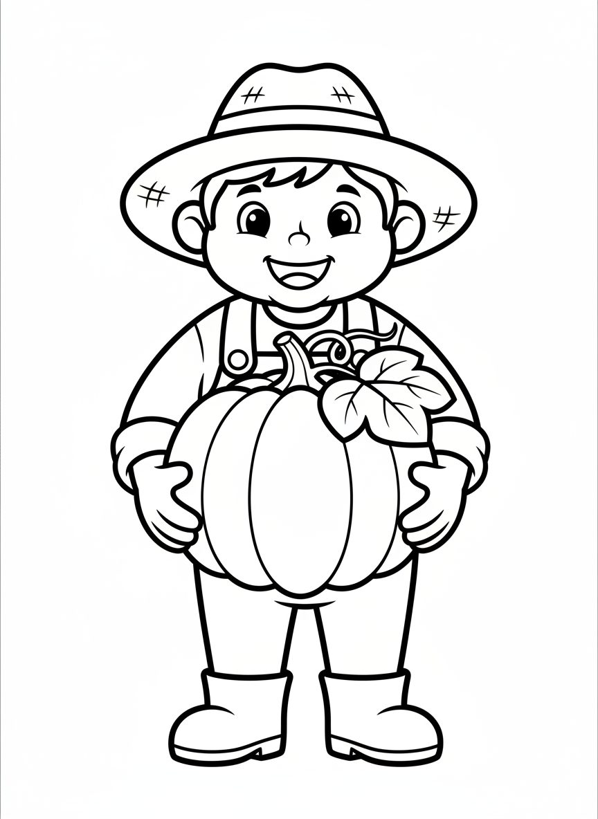 Freundlicher Bauer mit Kürbis Malvorlage für Kinder - Bauer Malvorlage mit Kinder und Niedlich - Kostenlose Druckbare Umrisszeichnung