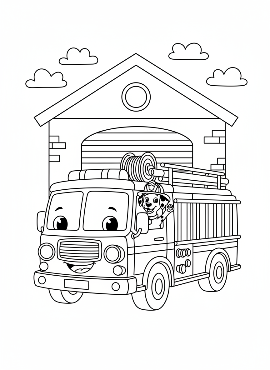 Friendly Fire Truck and Dalmatian Coloring Page for Kids - Fire Truck Coloring Page featuring Happy and Children - Free Printable Outline Drawing for Kids