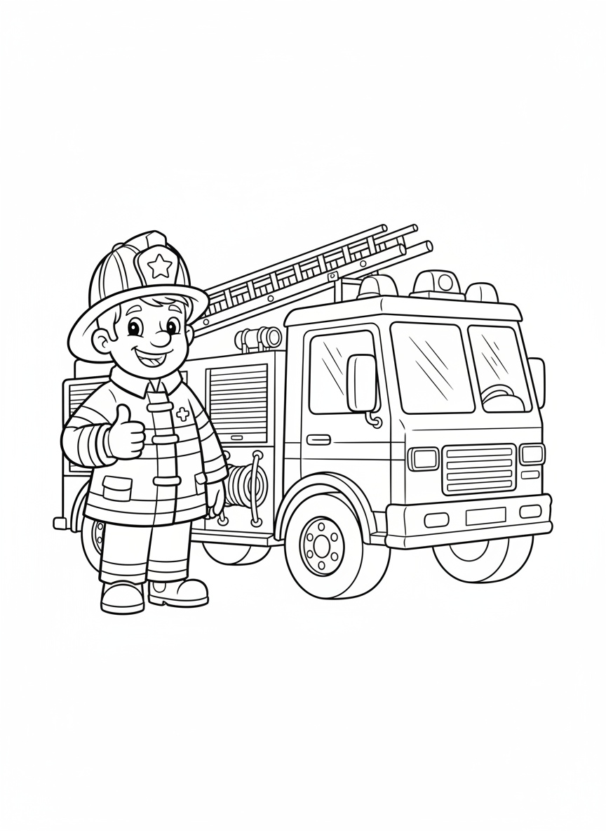 Friendly Firefighter & Cheerful Fire Truck Coloring Page for Kids - Fire Truck Coloring Page featuring Easy to Color and Children - Free Printable Outline Drawing for Kids