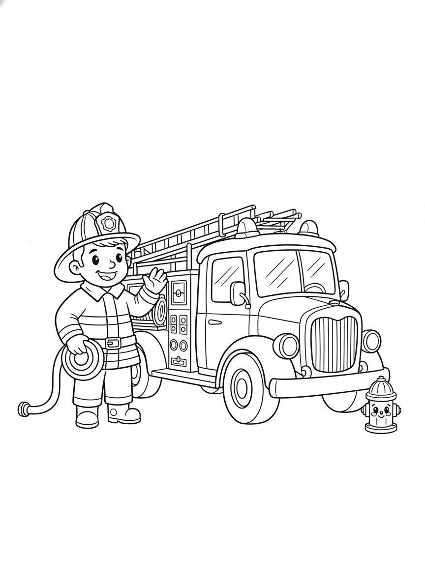 Friendly Firefighter & Classic Fire Truck Coloring Page for Kids - Fire Truck Coloring Page featuring Children and Cute - Free Printable Outline Drawing for Kids