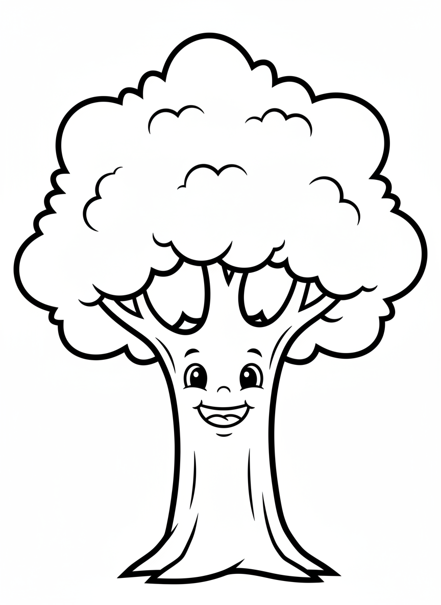 Página para Colorear: Árbol Amigable del Bosque para Niños - Bosque Dibujo para Colorear con Niños y Lindo - Dibujo de Contorno Gratis Imprimible
