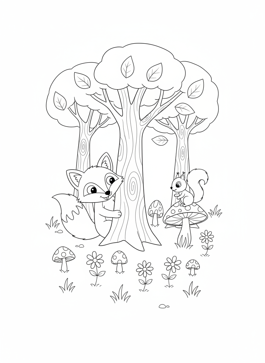 Friendly Fox & Squirrel: Hide-and-Seek Forest Fun Coloring Page - Friends Coloring Page featuring Easy and Nature - Free Printable Outline Drawing for Kids