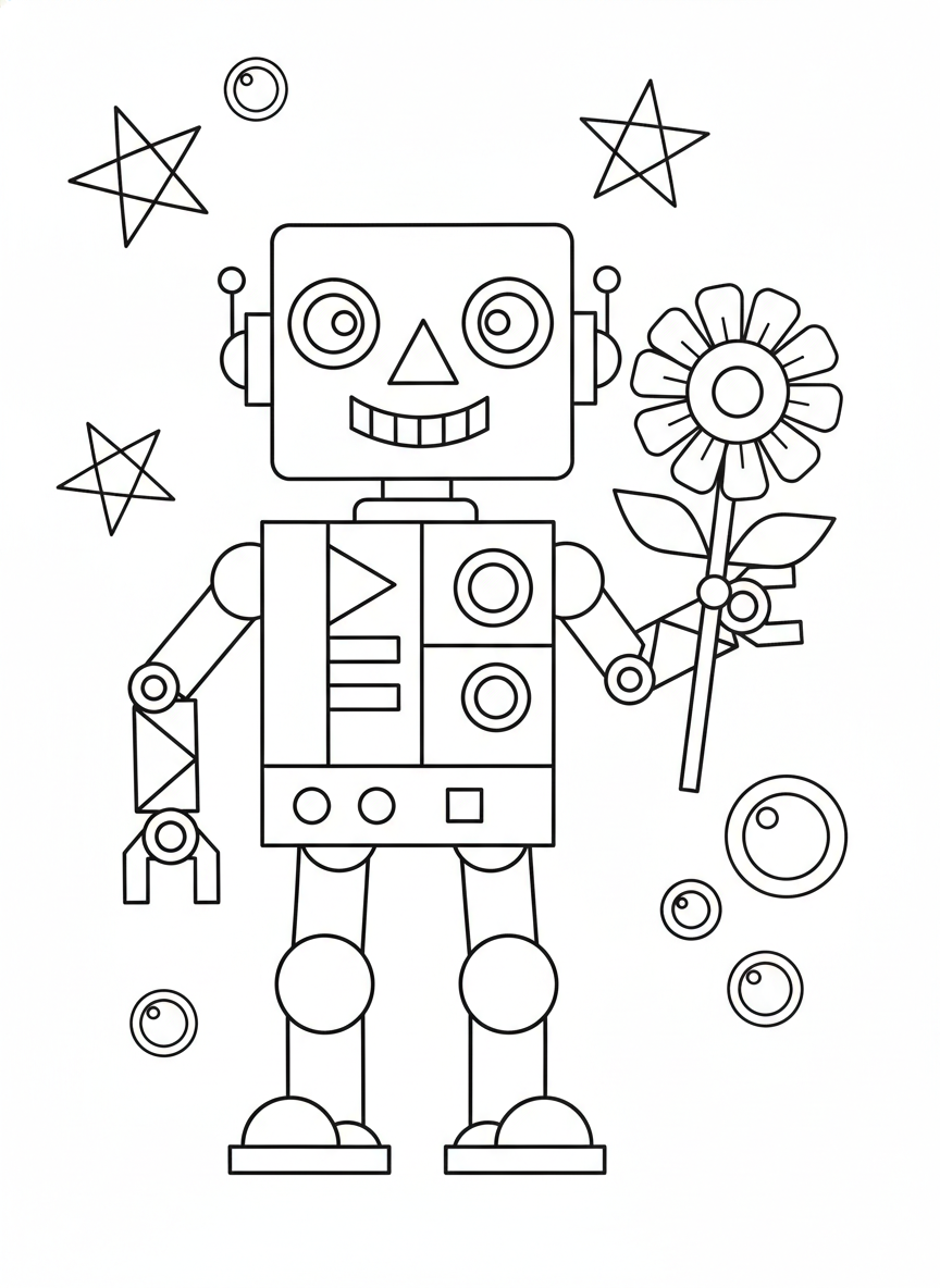 Friendly Geometric Robot Coloring Page for Kids - Robot Coloring Page featuring Easy to Color and Flower - Free Printable Outline Drawing for Kids