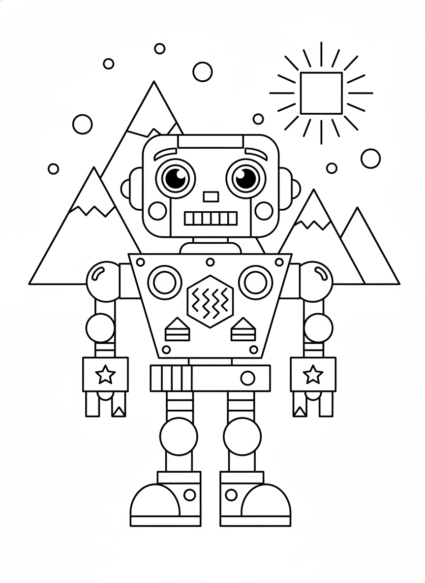 Friendly Geometric Robot Kids Coloring Page - Robot Coloring Page featuring Robot and Playful - Free Printable Outline Drawing for Kids