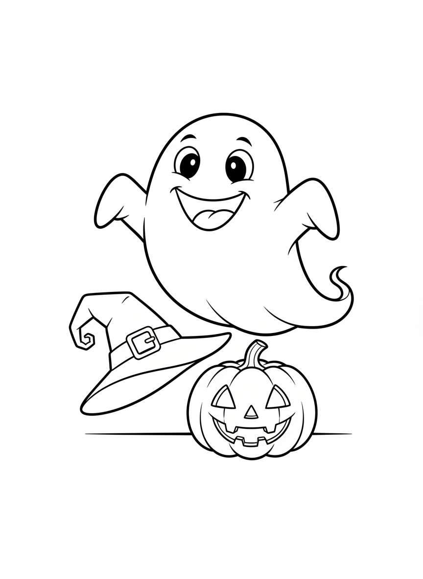 Friendly Ghost & Smiling Pumpkin Halloween Coloring Page for Kids - Halloween Coloring Page featuring Cute and Halloween - Free Printable Outline Drawing for Kids