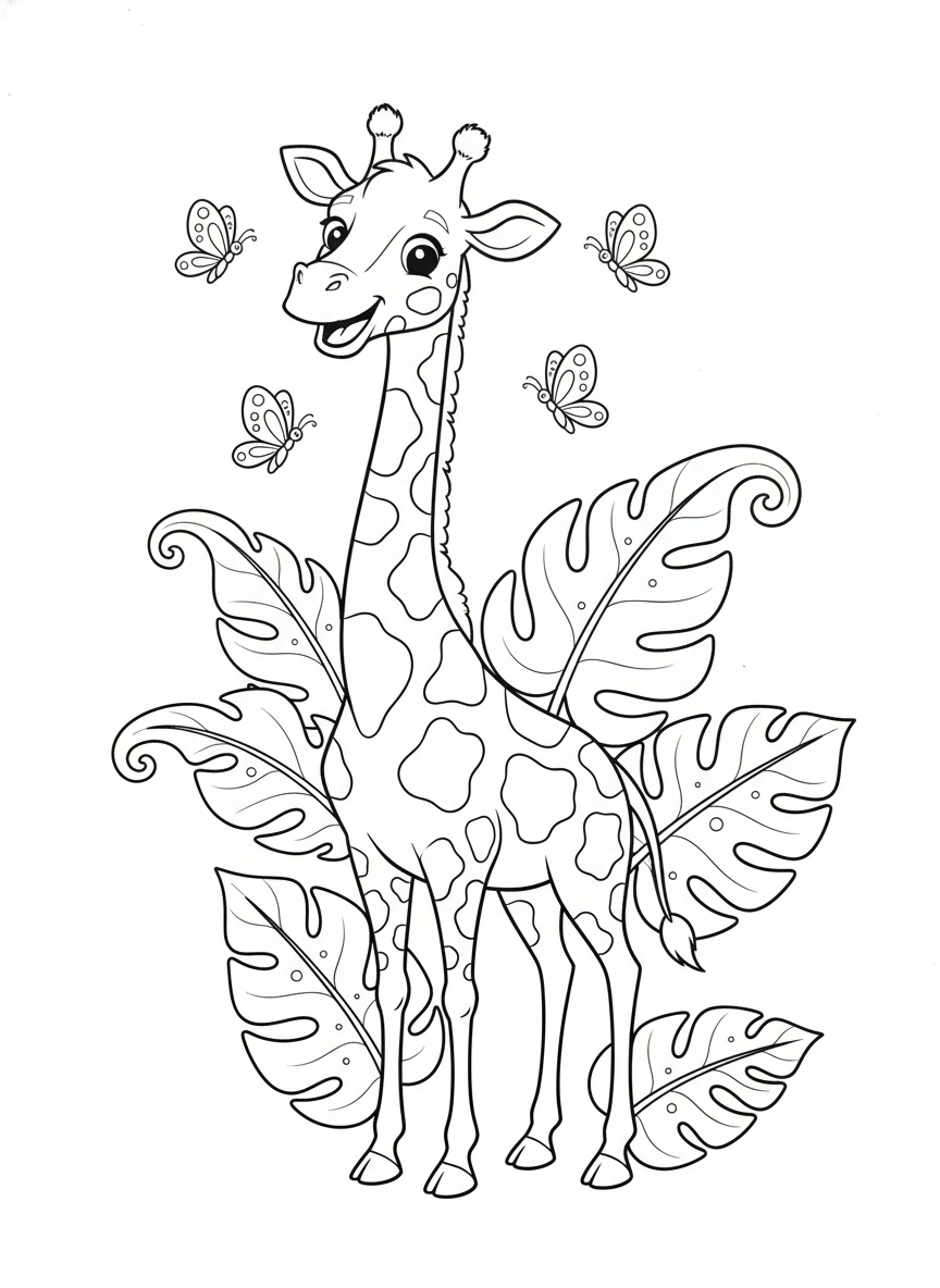 Friendly Giraffe & Butterflies in Whimsical Jungle Coloring Page - Giraffe Coloring Page featuring Children and Jungle - Free Printable Outline Drawing for Kids