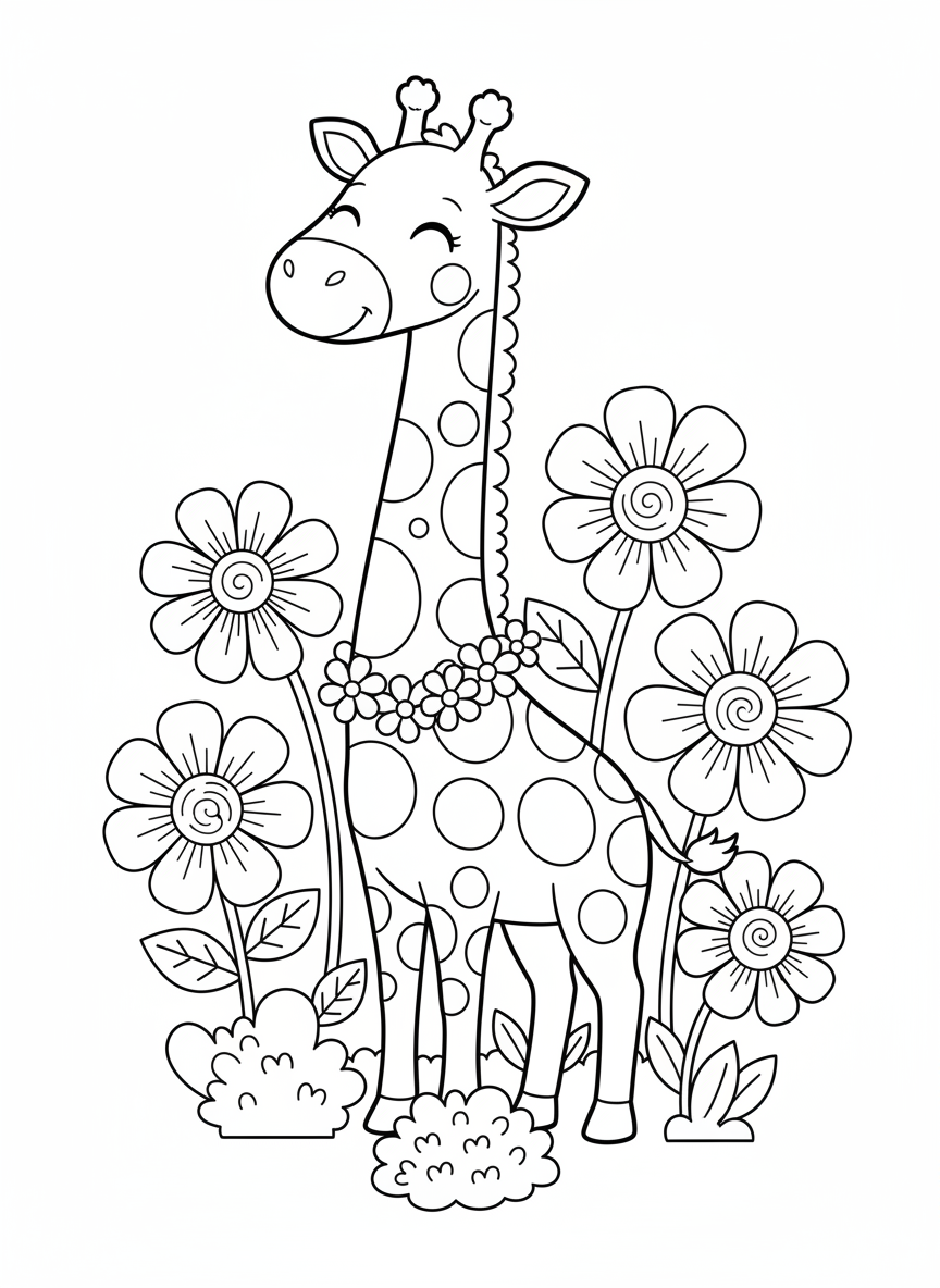 Friendly Giraffe in Whimsical Garden Coloring Page for Kids - Giraffe Coloring Page featuring Cute and Garden - Free Printable Outline Drawing for Kids