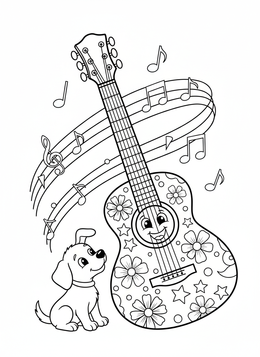 Desenho de Guitarra Amigável e Cachorrinho Brincalhão para Colorir - Instrumento Musical Desenho para Colorir com Fofo e Música - Desenho de Contorno Grátis Imprimível