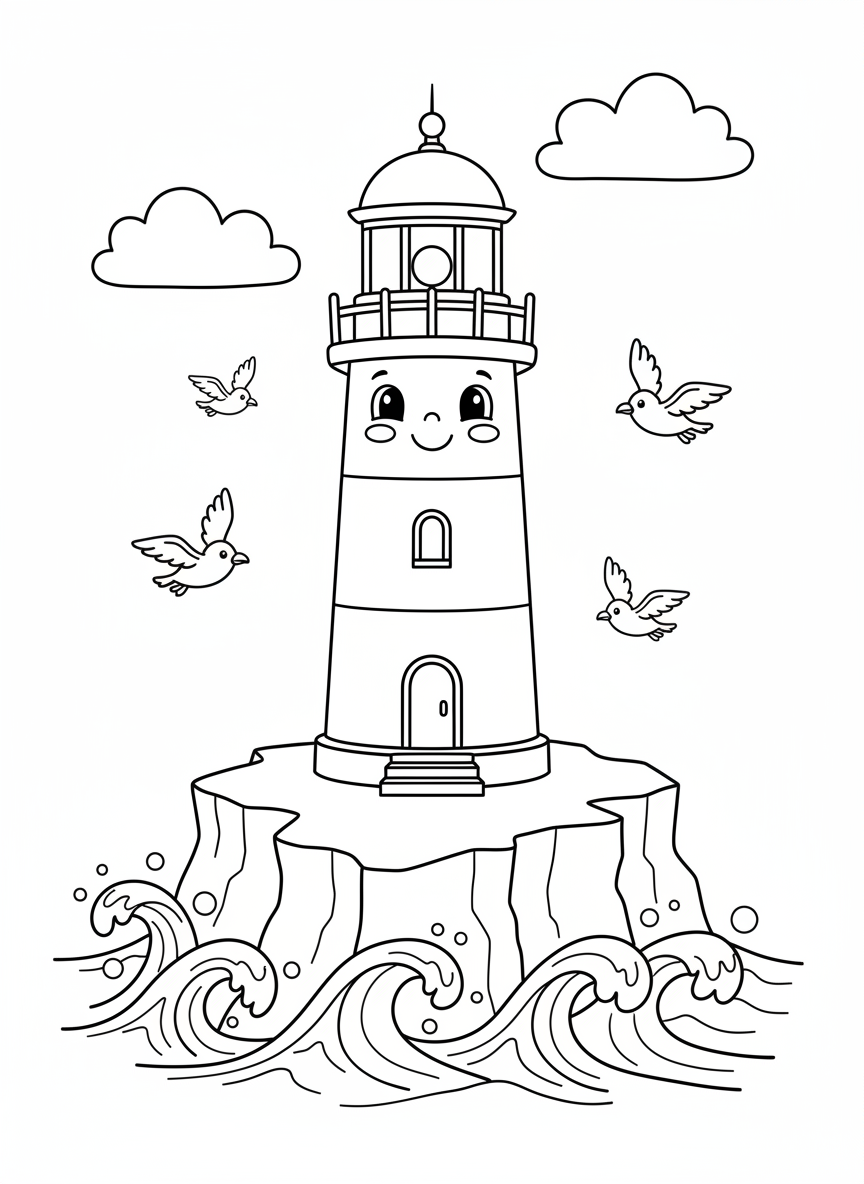 Friendly Lighthouse Coloring Page for Kids - Seascape Coloring Page featuring Children and Cute - Free Printable Outline Drawing for Kids