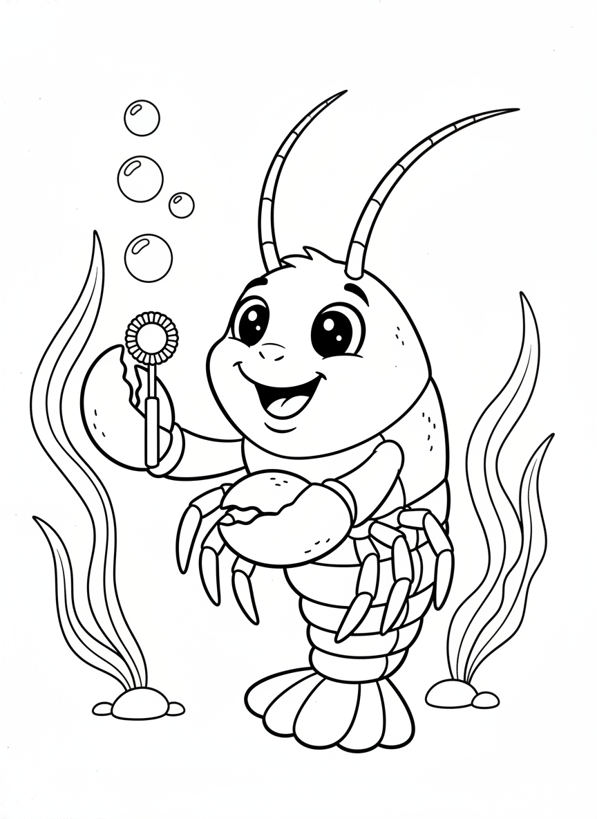 Friendly Lobster Fun: Bubble Wand Ocean Adventure Coloring Page - Ocean Animal Coloring Page featuring Ocean and Children - Free Printable Outline Drawing for Kids