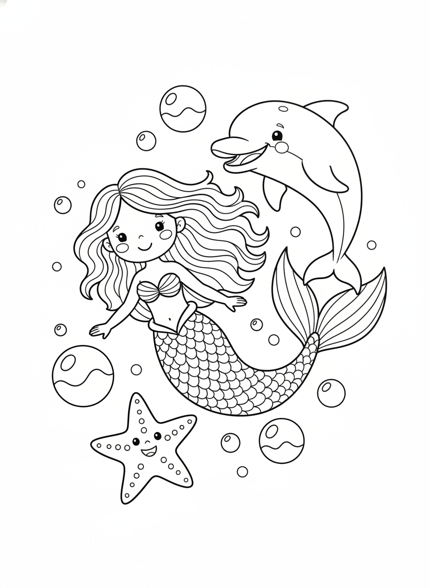 Friendly Mermaid, Dolphin & Starfish Coloring Page for Kids - Ocean Animal Coloring Page featuring Dolphin and Children - Free Printable Outline Drawing for Kids
