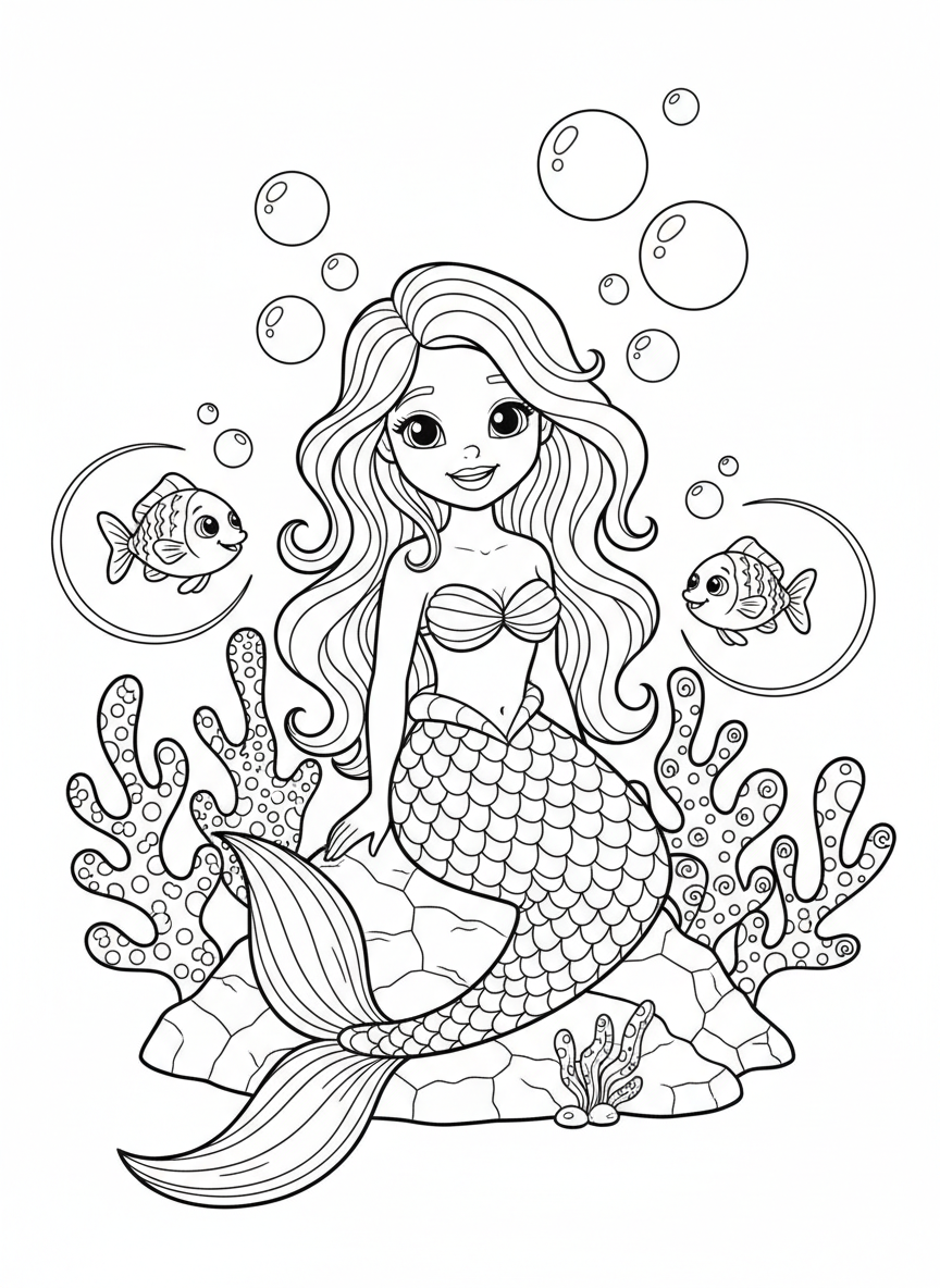 Friendly Mermaid & Ocean Friends Coloring Page 🧜♀️ - Ocean Animal Coloring Page featuring Ocean and Children - Free Printable Outline Drawing for Kids