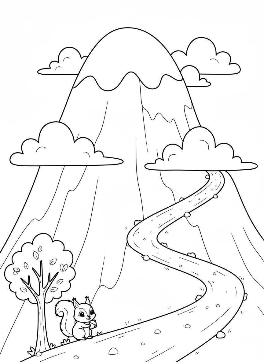 Friendly Mountain Adventure with a Cute Squirrel Coloring Page - Landscape Coloring Page featuring Easy to Color and Nature - Free Printable Outline Drawing for Kids