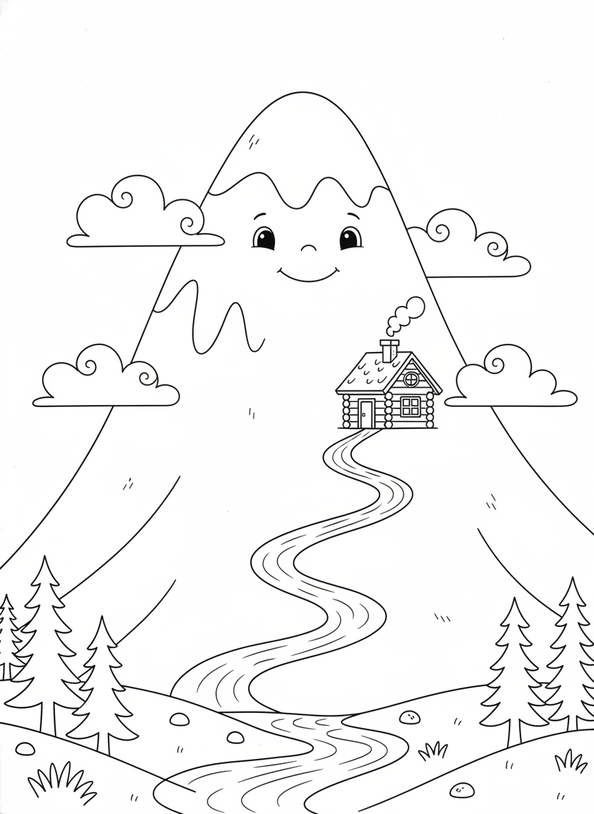 子供向けフレンドリーな山岳風景ぬりえ - 風景 ぬりえページ 自然と子供 - 無料印刷可能な輪郭画