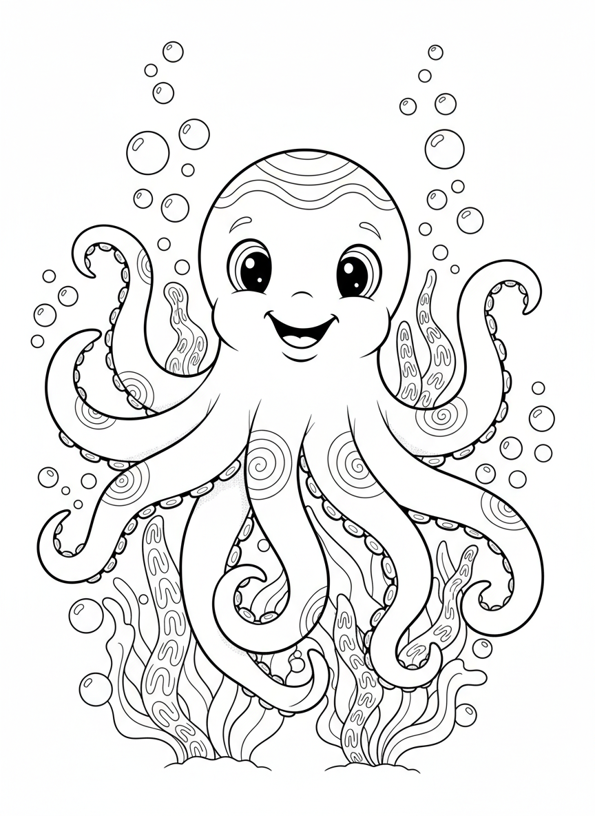 Friendly Octopus Underwater Adventure Coloring Page for Kids - Ocean Animal Coloring Page featuring Ocean and Cute - Free Printable Outline Drawing for Kids