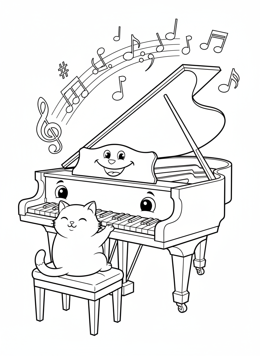 Friendly Piano & Cat Music Adventure Coloring Page - Musical Instrument Coloring Page featuring Children and Cute - Free Printable Outline Drawing for Kids