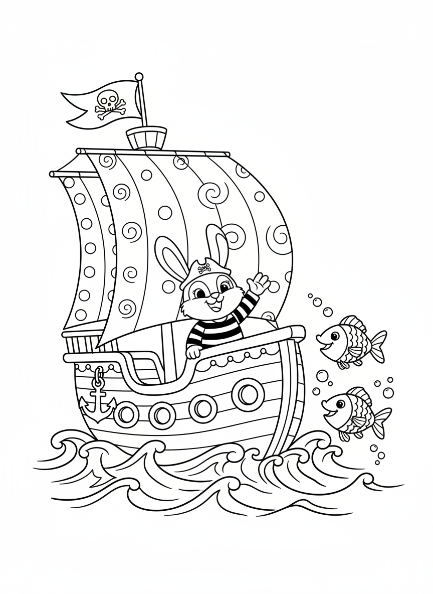 陽気な動物船長とフレンドリーな海賊船の塗り絵 - 海賊 ぬりえページ 塗りやすいと子供 - 無料印刷可能な輪郭画