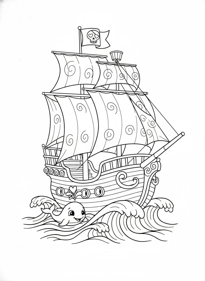 友善海盜船冒險著色頁 - 海盜 著色頁 可愛、海盜船 - 免費可列印輪廓畫
