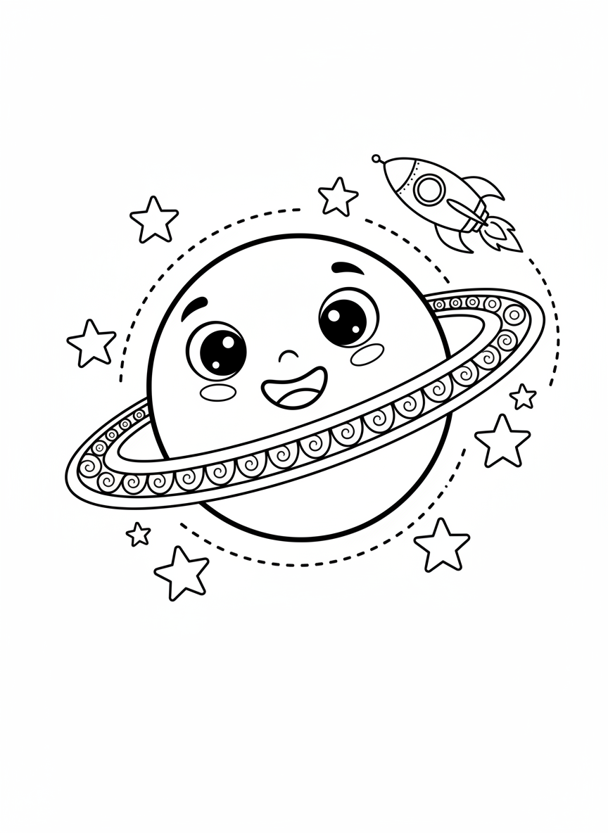 Página de Colorir: Planeta Amigável e Foguete - Espaço e Planeta Desenho para Colorir com Crianças e Fofo - Desenho de Contorno Grátis Imprimível