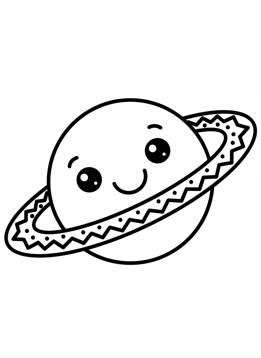 Friendly Planet with Rings Kids Coloring Page - Space & Planet Coloring Page featuring Cute and Space - Free Printable Outline Drawing for Kids