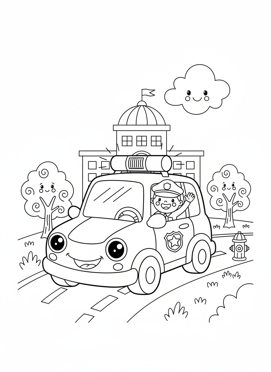 Friendly Police Car Adventure Coloring Page for Kids - Police Car Coloring Page featuring Cute and Vehicles - Free Printable Outline Drawing for Kids