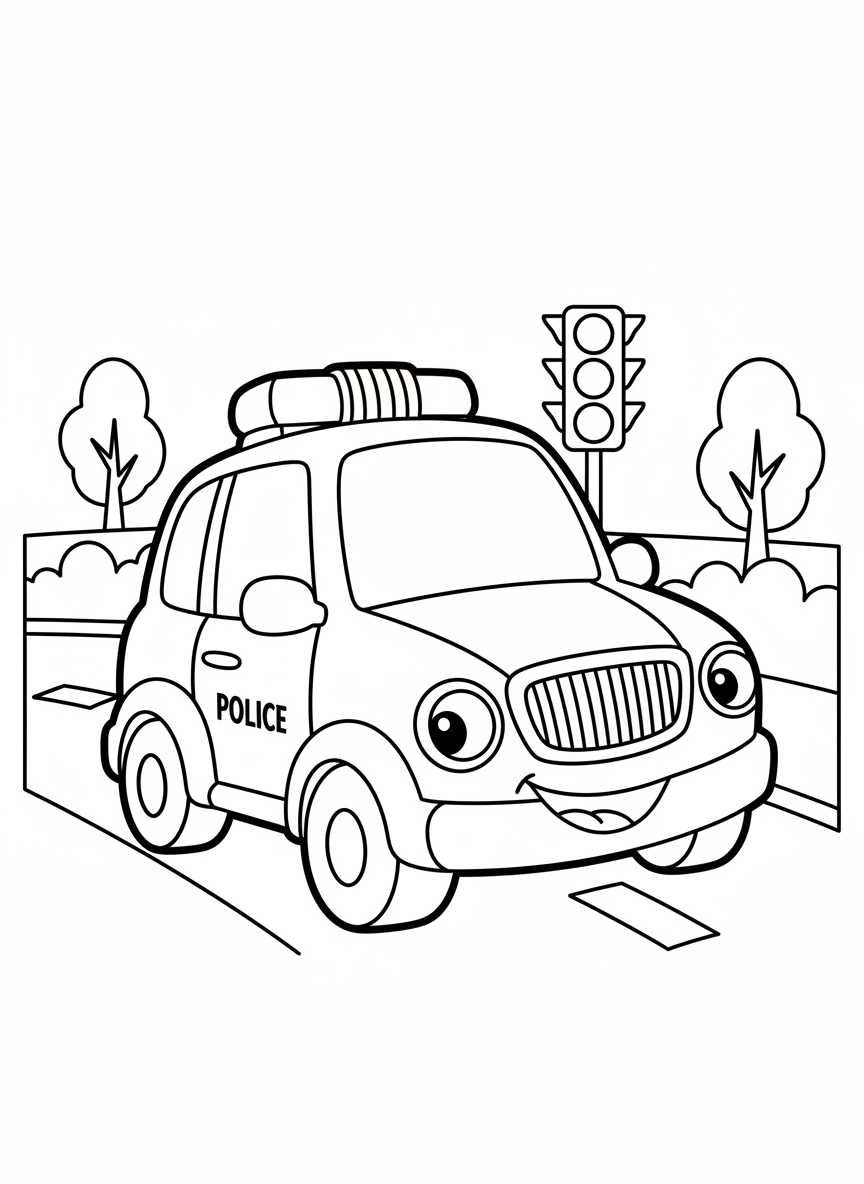 Friendly Police Car Coloring Page for Kids - Police Car Coloring Page featuring Children and Police Car - Free Printable Outline Drawing for Kids