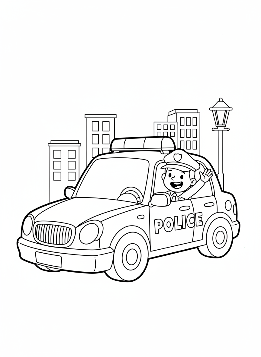 Friendly Police Car & Officer Coloring Page for Kids - Police Car Coloring Page featuring Easy to Color and Children - Free Printable Outline Drawing for Kids