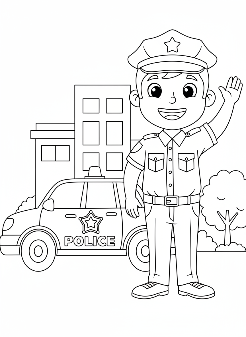 Friendly Police Officer & Patrol Car Coloring Page for Kids - Occupation Coloring Page featuring Easy and Children - Free Printable Outline Drawing for Kids