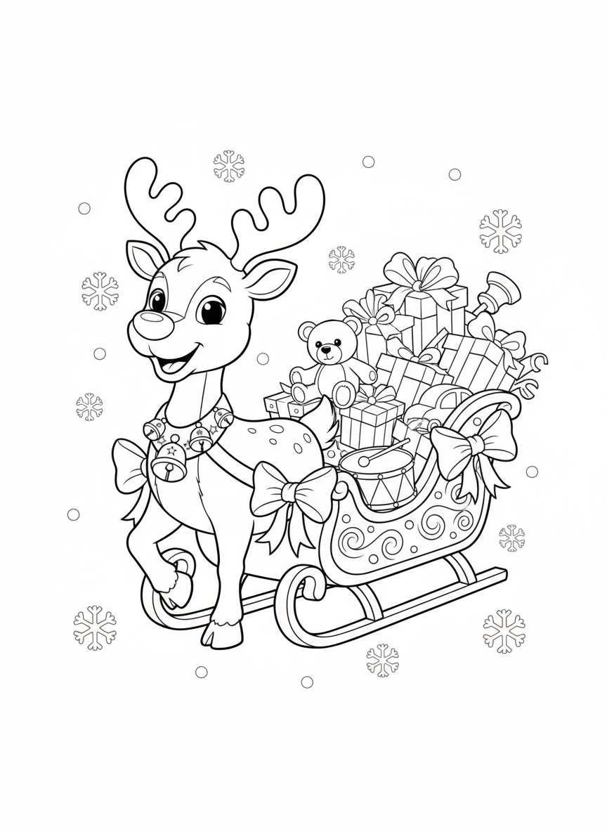 Friendly Reindeer & Gift Sleigh Coloring Page for Kids - Christmas Coloring Page featuring Christmas and Presents - Free Printable Outline Drawing for Kids