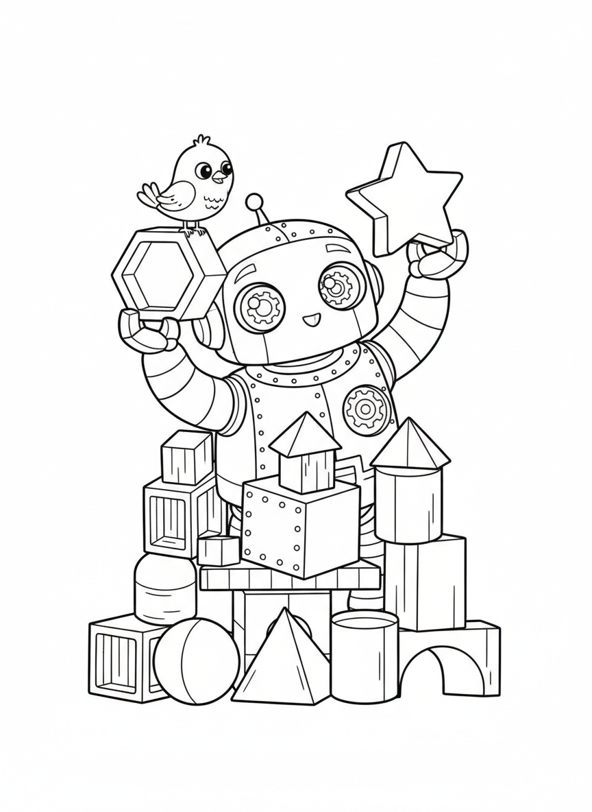 Friendly Robot Builder: Geometric Block Tower Coloring Page - Robot Coloring Page featuring Cute and Children - Free Printable Outline Drawing for Kids