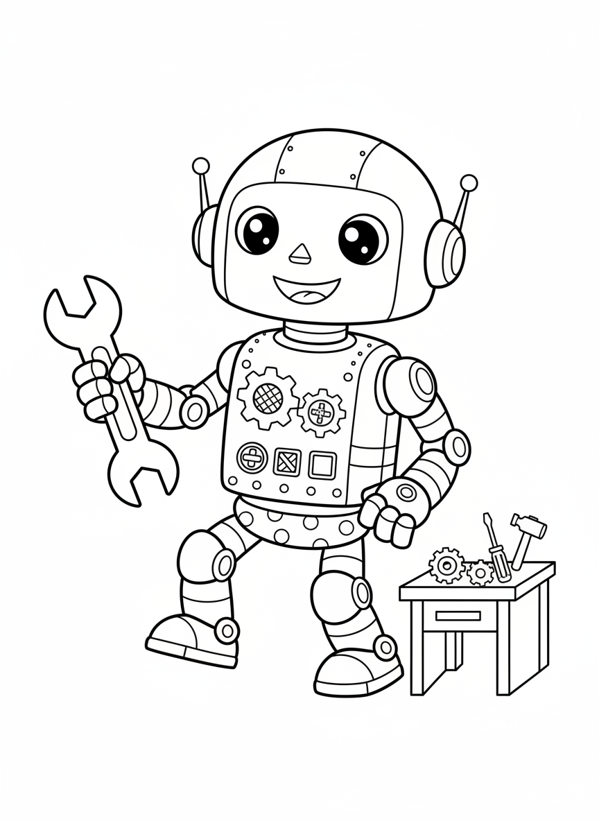 Friendly Robot Mechanic Coloring Page for Kids - Robot Coloring Page featuring Friendly and Cute - Free Printable Outline Drawing for Kids
