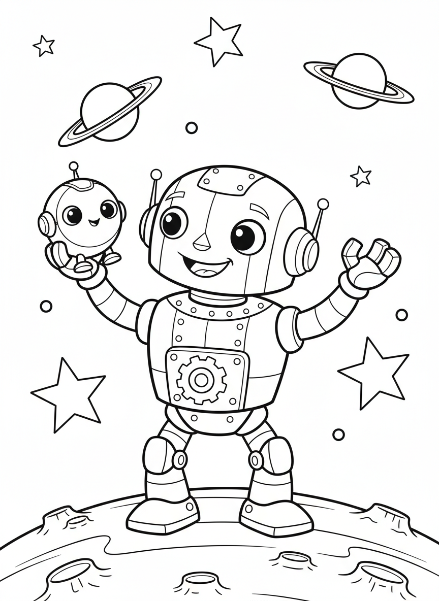 Friendly Robot & Pet Robot Space Adventure Kids Coloring Page - Robot Coloring Page featuring Cute and Space - Free Printable Outline Drawing for Kids