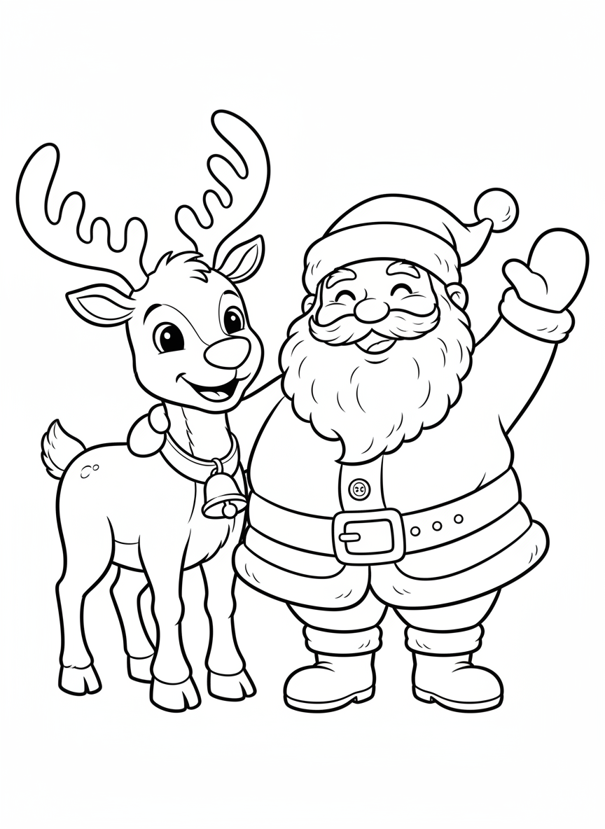 Friendly Santa & Reindeer Christmas Coloring Page for Kids - Christmas Coloring Page featuring Festive and Children - Free Printable Outline Drawing for Kids