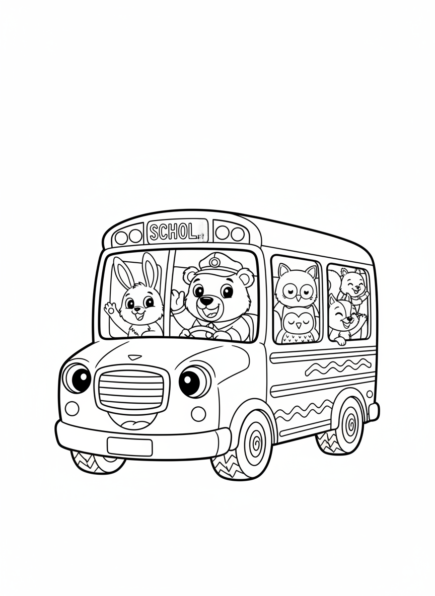Ônibus Escolar Amigável com Animais para Colorir - Ônibus escolar Desenho para Colorir com Crianças e Fofo - Desenho de Contorno Grátis Imprimível