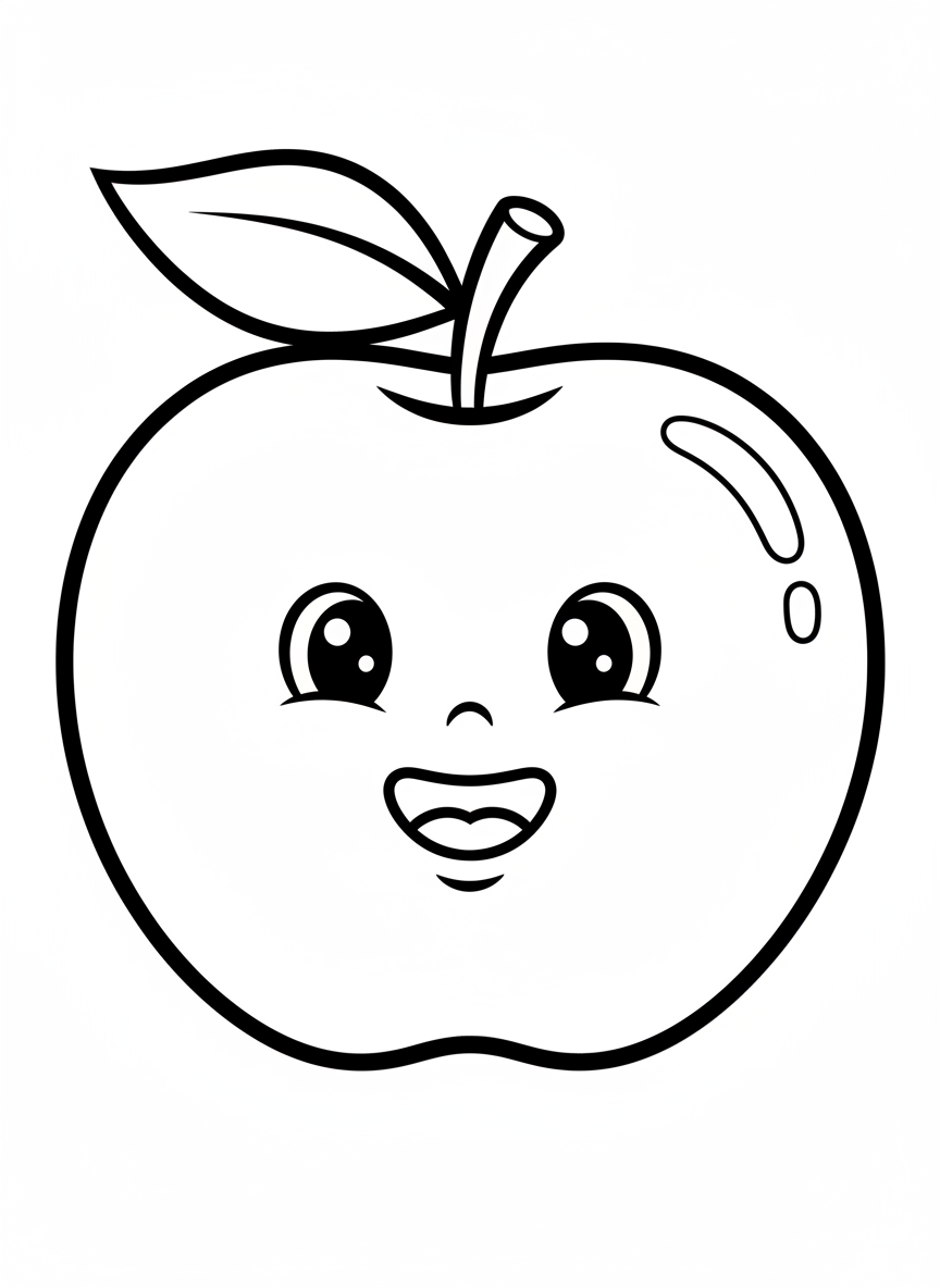 Página para Colorir de Maçã Amigável e Sorridente para Crianças - Fruta Desenho para Colorir com Crianças e Fofo - Desenho de Contorno Grátis Imprimível