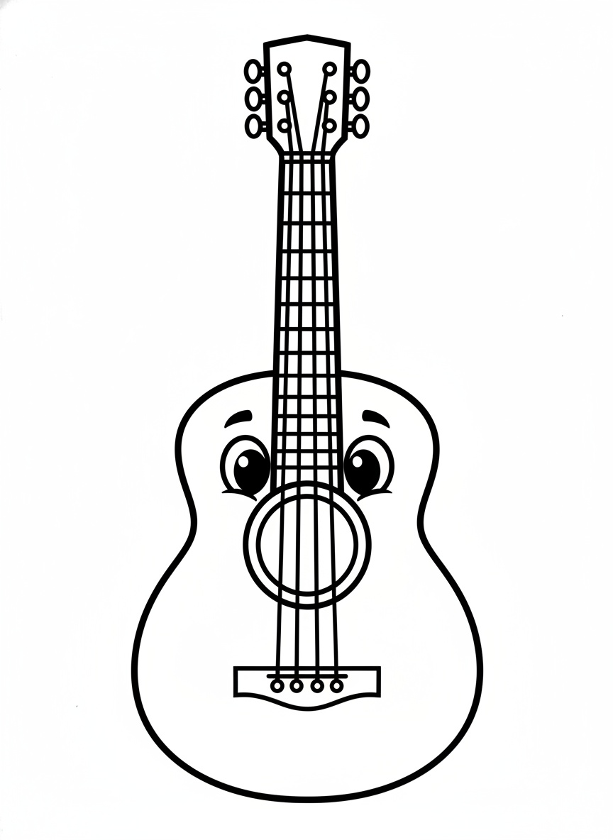 Friendly Smiling Cartoon Acoustic Guitar Coloring Page for Kids - Musical Instrument Coloring Page featuring Easy to Color and Children - Free Printable Outline Drawing for Kids