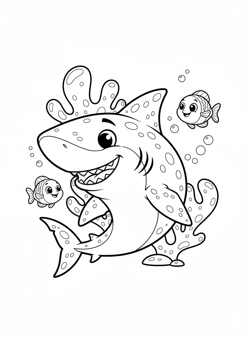Friendly Smiling Cartoon Shark Coloring Page for Kids - Ocean Animal Coloring Page featuring Ocean and Children - Free Printable Outline Drawing for Kids