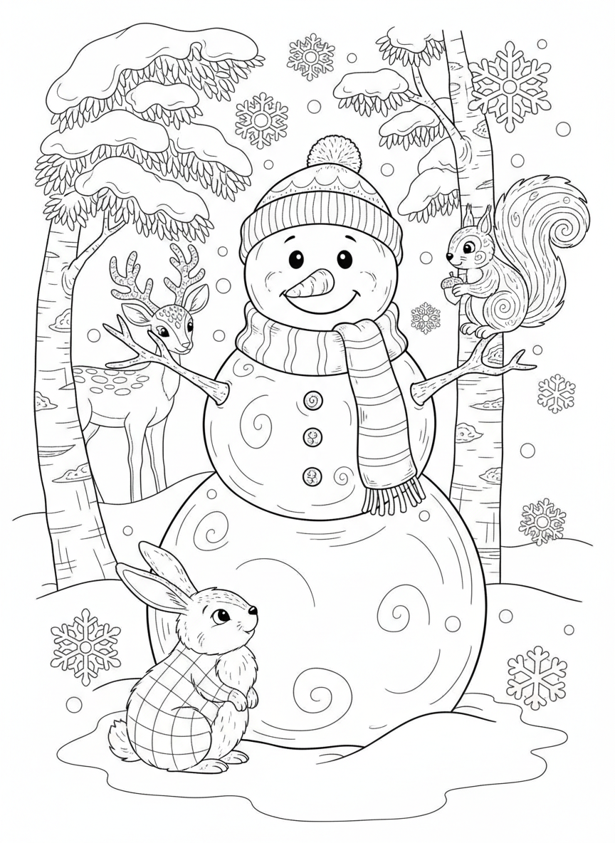 Boneco de Neve Amigável e Amigos da Floresta em Página para Colorir de Inverno - Natal Desenho para Colorir com Natal e Crianças - Desenho de Contorno Grátis Imprimível