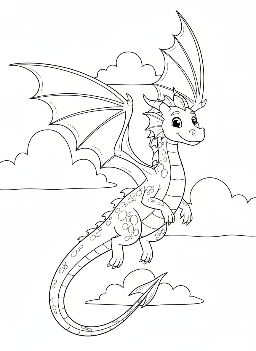 子供向け空飛ぶフレンドリーなドラゴン塗り絵 - ドラゴン ぬりえページ 子供とファンタジー - 無料印刷可能な輪郭画