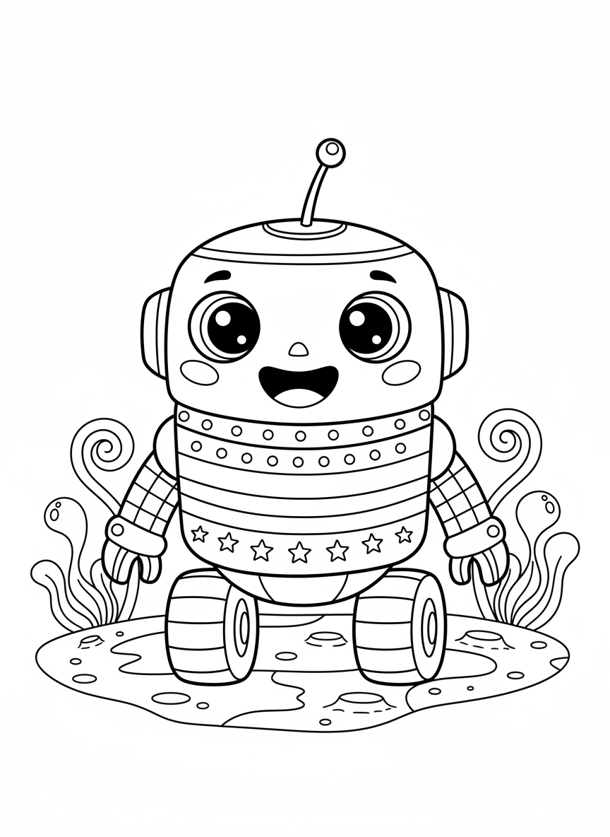 Friendly Space Robot Adventure: Kids Coloring Page - Robot Coloring Page featuring Children and Cute - Free Printable Outline Drawing for Kids